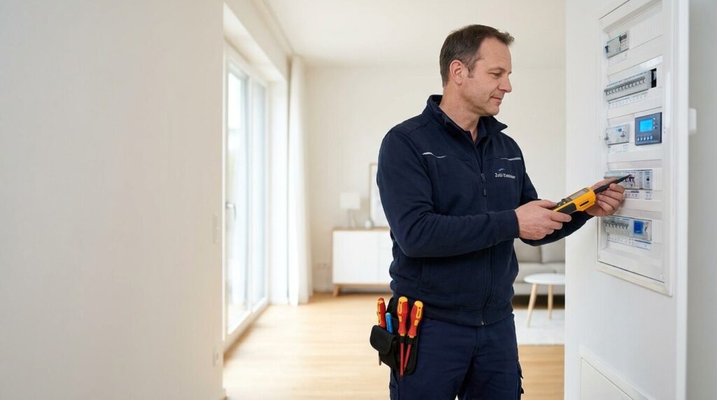 Zobl Elektriker prüft einen geöffneten Sicherungskasten