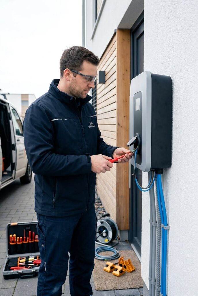 Elektriker installiert eine Wallbox an einer Hauswand
