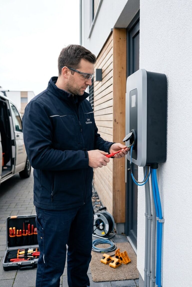 Elektriker installiert eine Wallbox an einer Hauswand