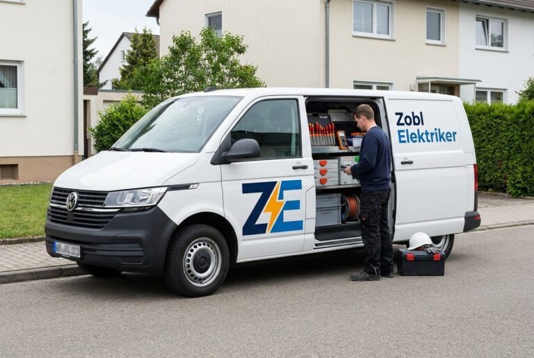 Servicefahrzeug von Zobl Elektriker vor einem Wohngebäude