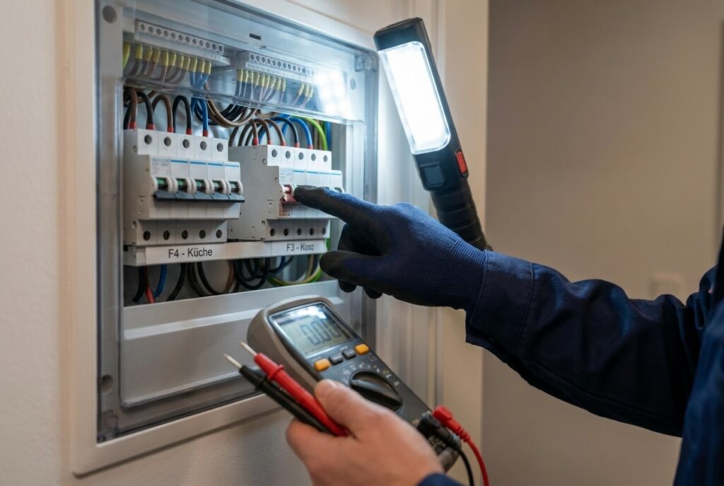 Detailaufnahme einer Fehlersuche an einer elektrischen Verteilung
